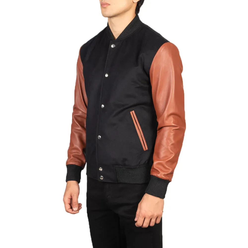 Mens Black And Brown Leather Varsity Jacket