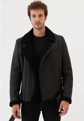 Men’s Black Leather Shearling Collar Jacket