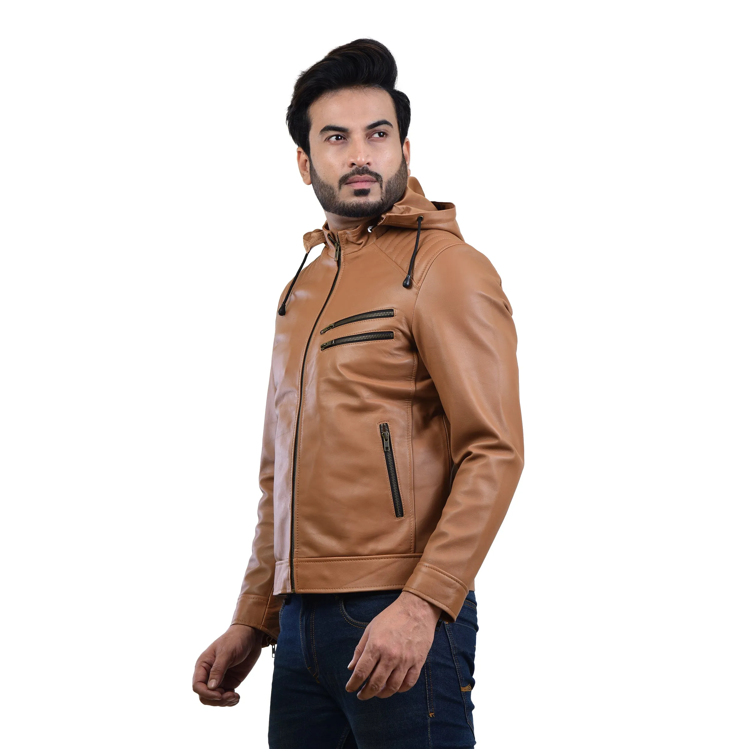 MENS LEATHER HOODED JACKET 410145(TAN)