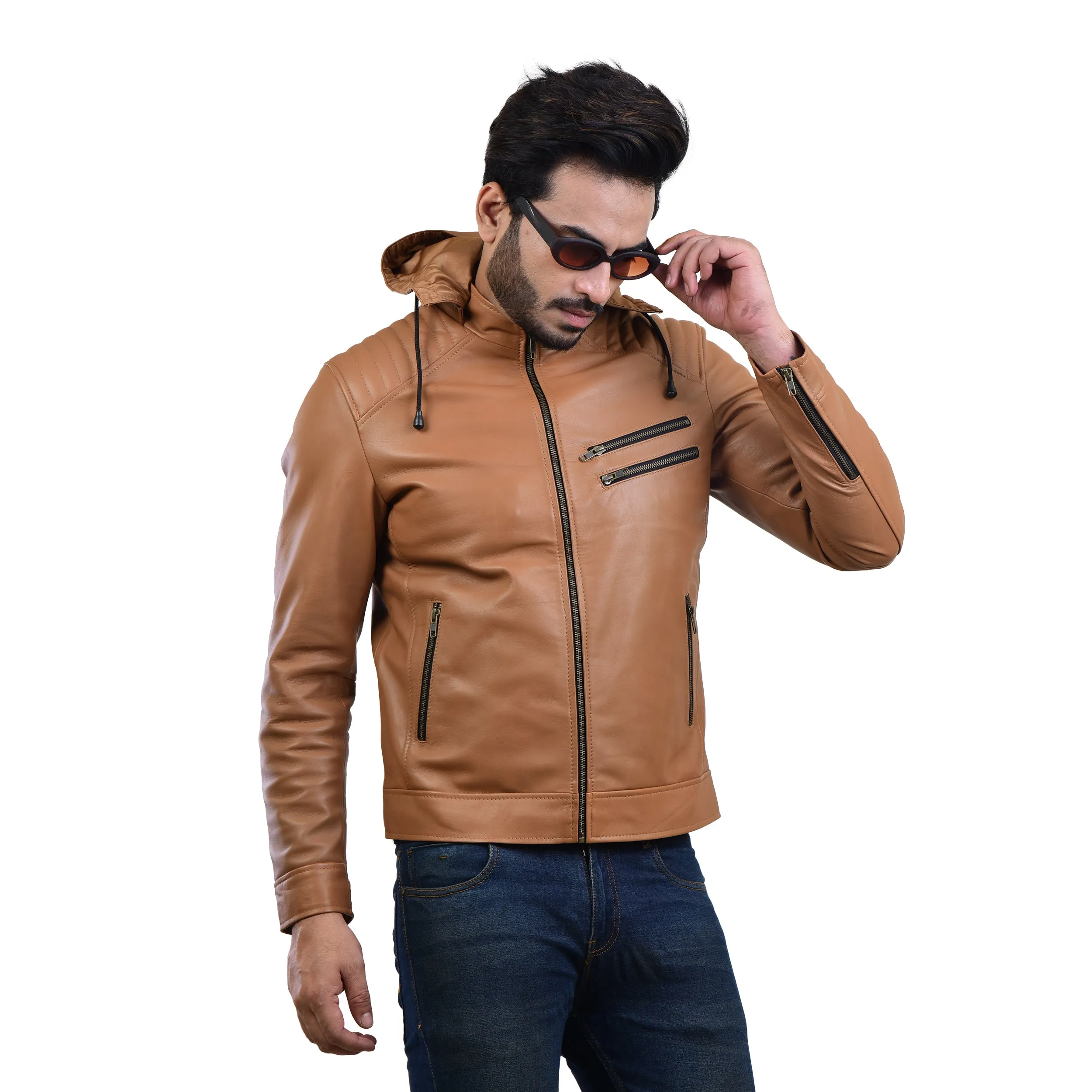 MENS LEATHER HOODED JACKET 410145(TAN)