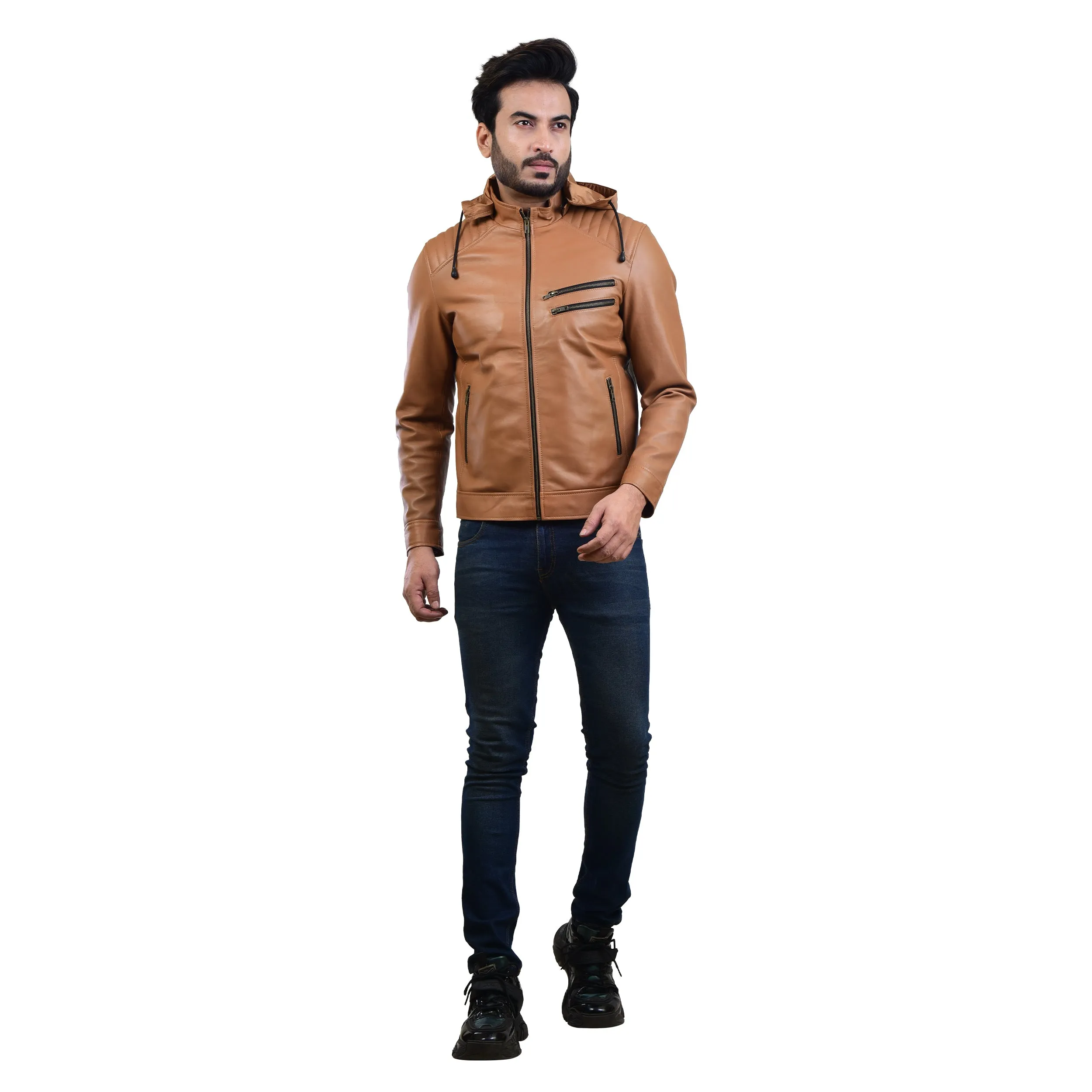 MENS LEATHER HOODED JACKET 410145(TAN)