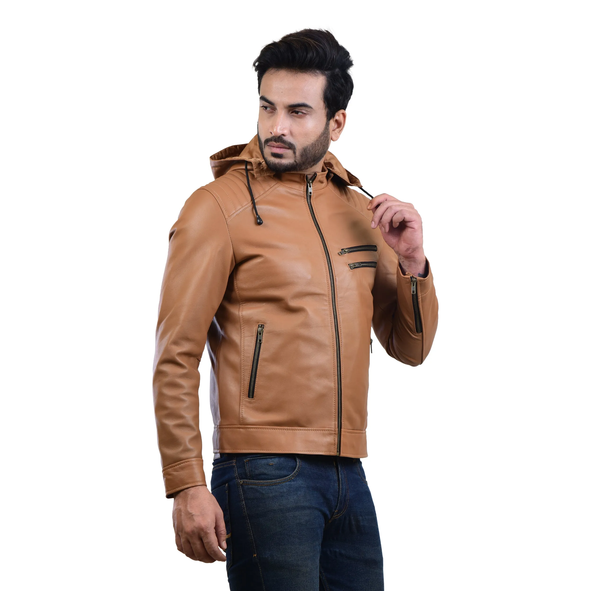 MENS LEATHER HOODED JACKET 410145(TAN)