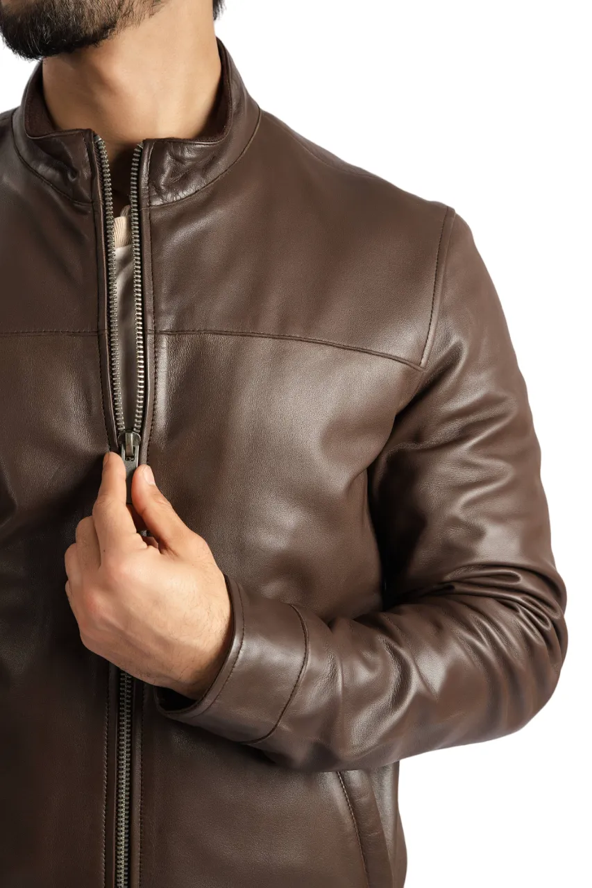 Mens Sheep Brown Leather Jacket Biker Style Café Racer Jacket – ELM7