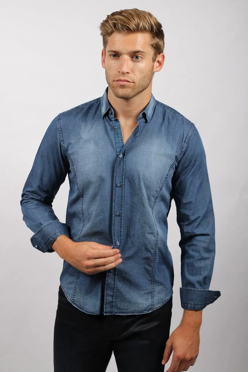 Navy Stone Wash Denim Button Down Shirt