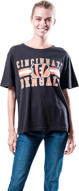 NFL Official Women's Distressed Graphics Super Soft Crew Neck T-Shirt|Cincinnati Bengals