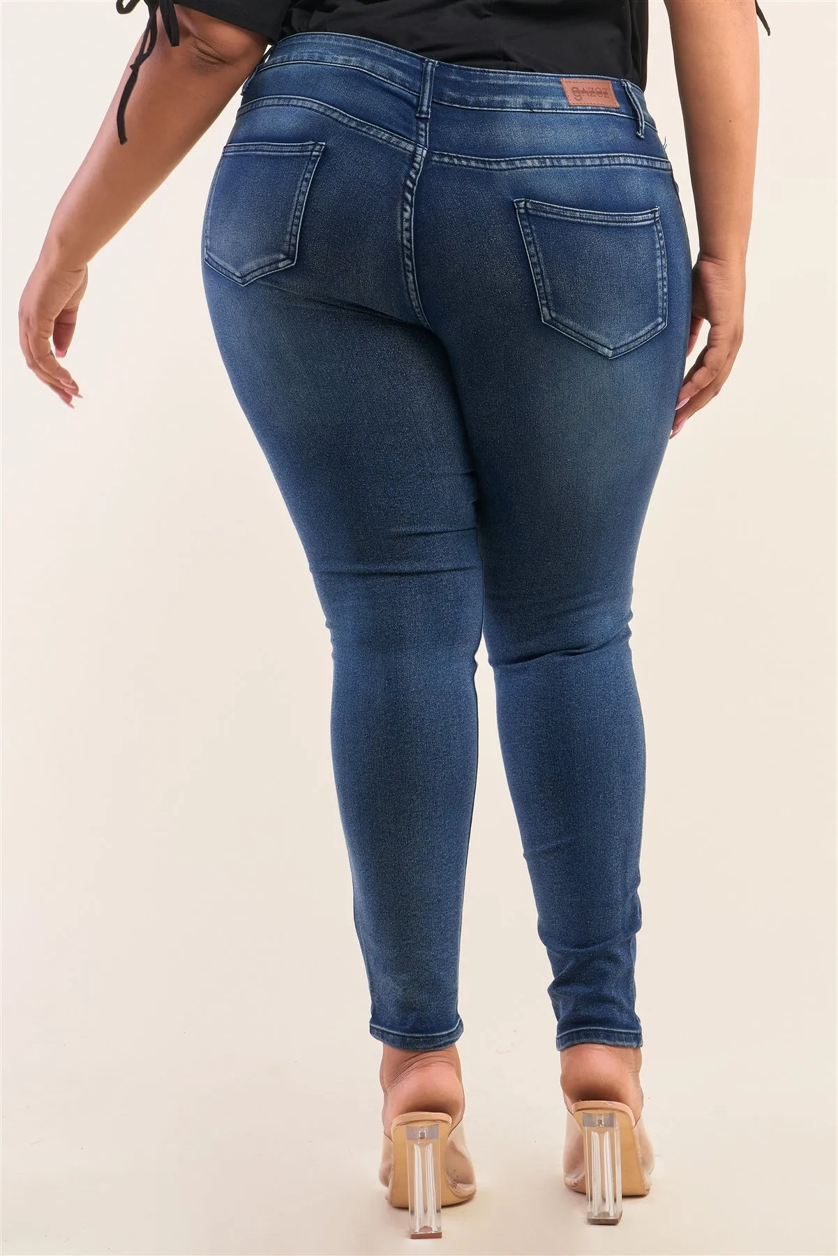 Plus Size Dark Blue Low-rise Ripped Denim Pants