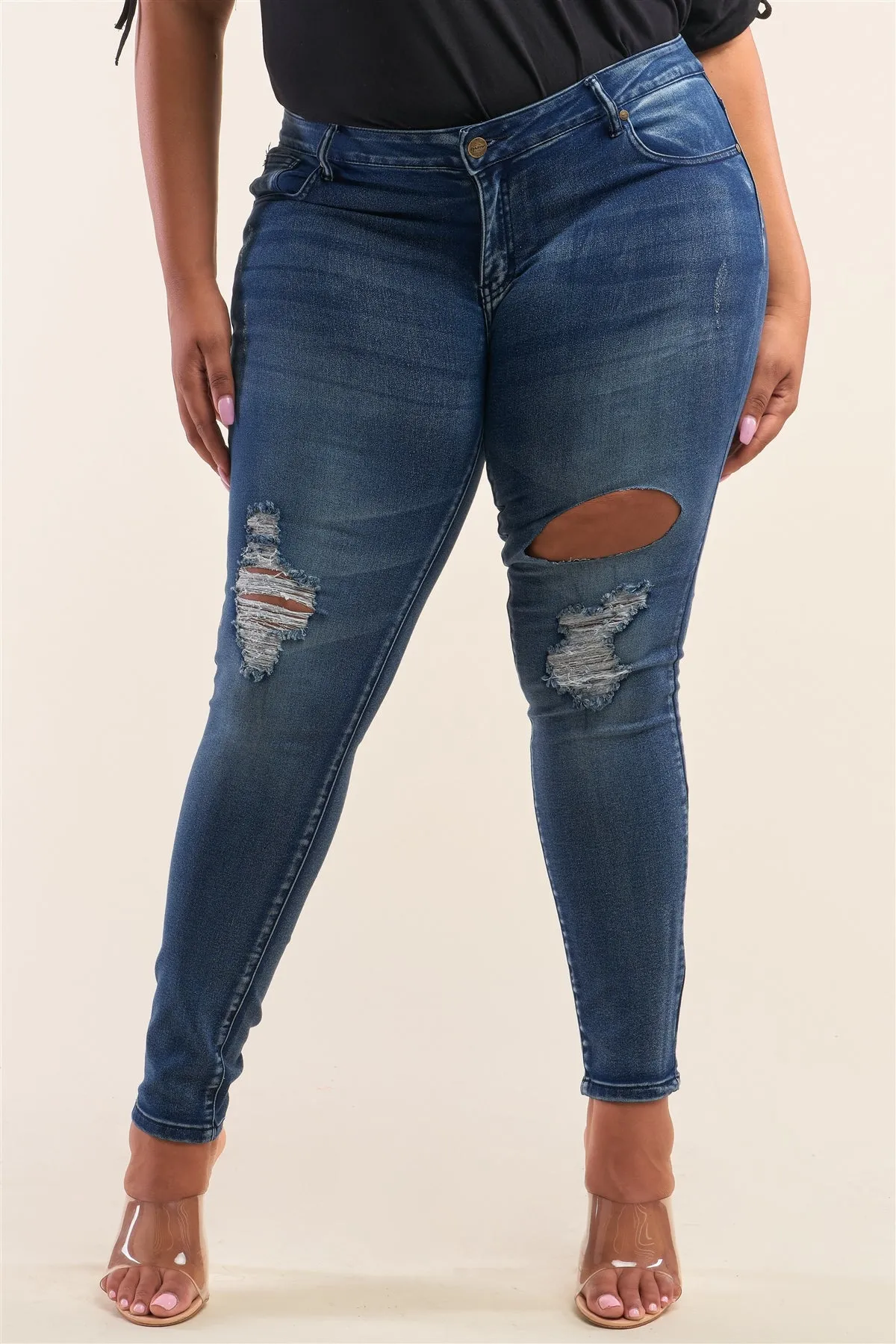 Plus Size Dark Blue Low-rise Ripped Denim Pants