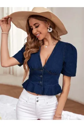 Puff Sleeve Ruffle Hem Denim Top