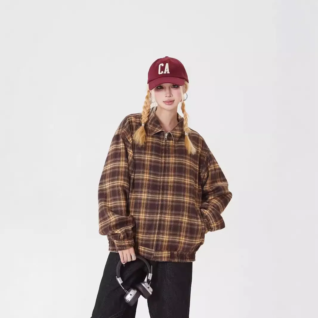 Toleet fall outfits men Plaid Khaki Double-Sided Coat Men's and Women's Autumn and Winter Youth Fashionable Baseball Uniform Jacket