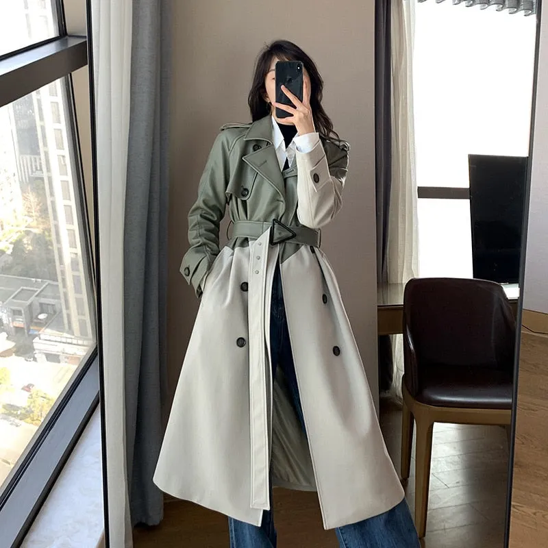 Wjczt Women&#39;s Coat Spring Autumn Windbreaker Jacket Female Green Trench Quality Clothing Leather Stitching Windproof Long Ladies Cloak