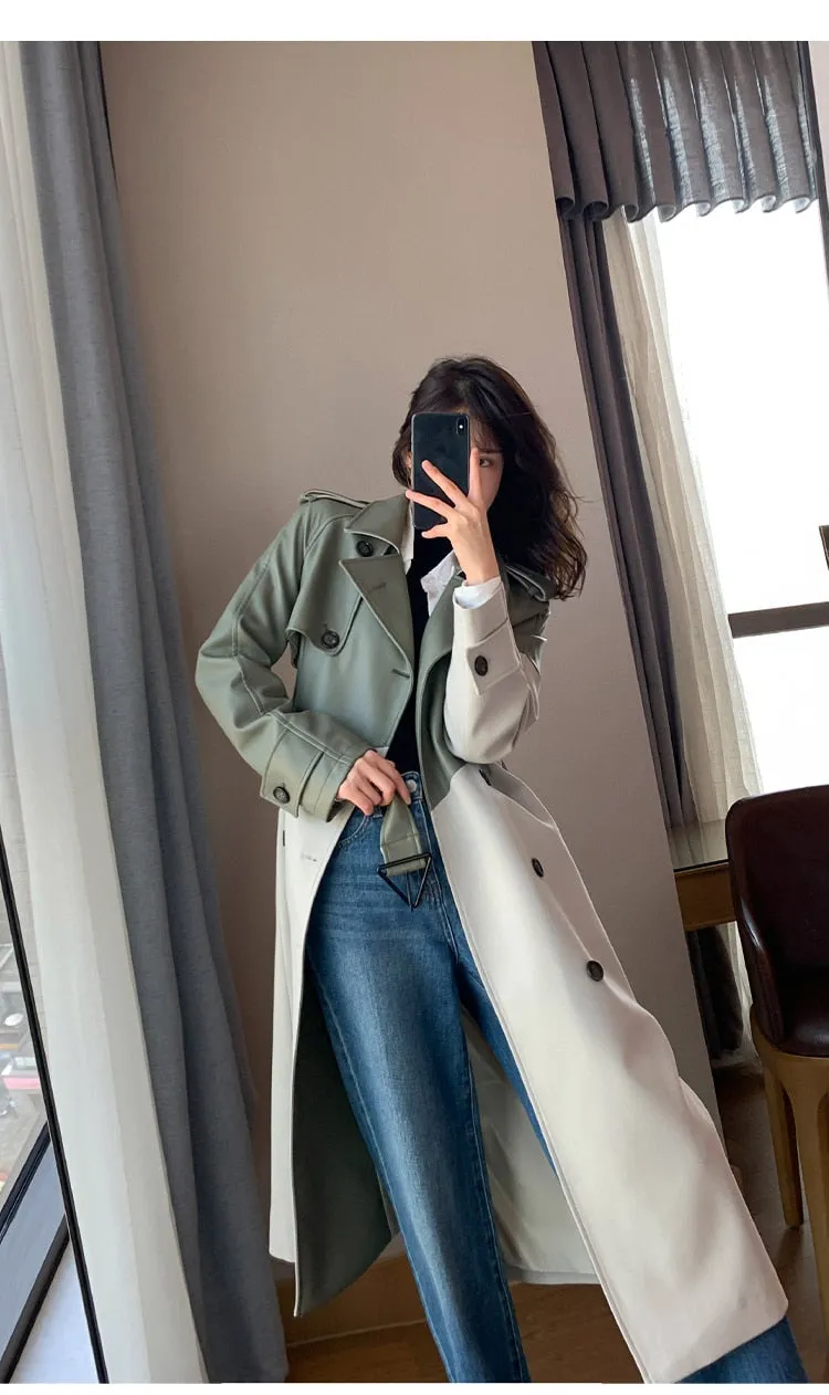 Wjczt Women&#39;s Coat Spring Autumn Windbreaker Jacket Female Green Trench Quality Clothing Leather Stitching Windproof Long Ladies Cloak