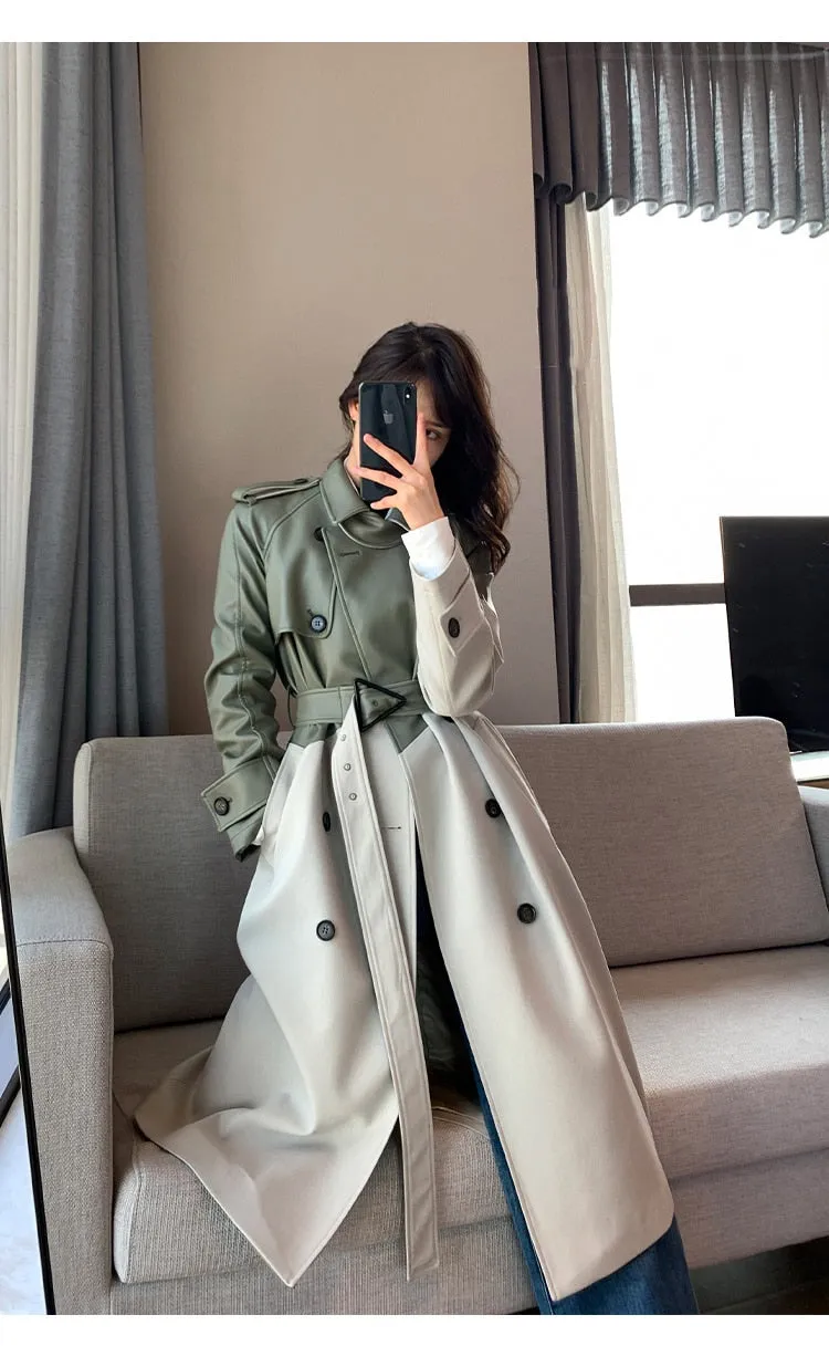 Wjczt Women&#39;s Coat Spring Autumn Windbreaker Jacket Female Green Trench Quality Clothing Leather Stitching Windproof Long Ladies Cloak