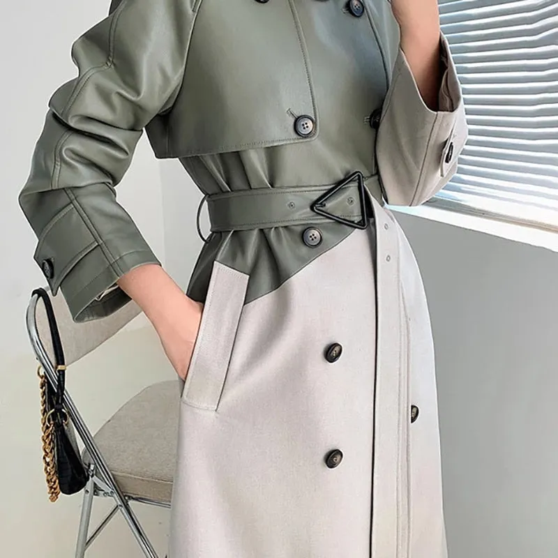 Wjczt Women&#39;s Coat Spring Autumn Windbreaker Jacket Female Green Trench Quality Clothing Leather Stitching Windproof Long Ladies Cloak