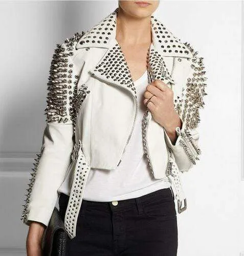 Woman Full White Punk Brando Spiked Studded Leather Jacket