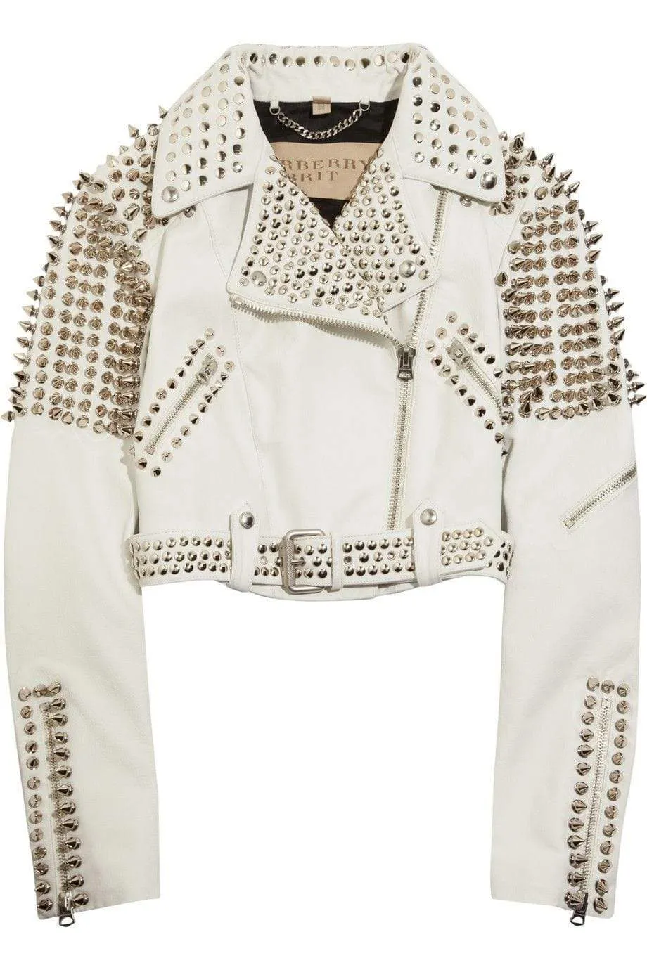 Woman Full White Punk Brando Spiked Studded Leather Jacket