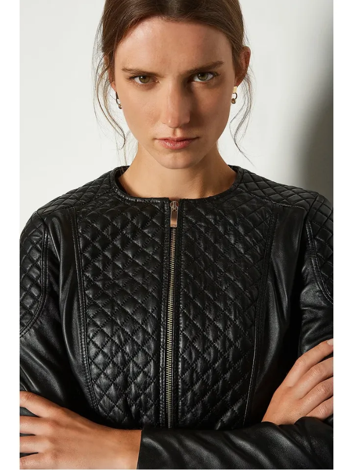 WOMEN’S BLACK LEATHER BIKER JACKET CREW NECK