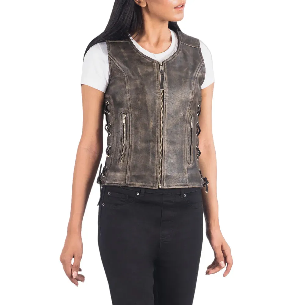 Womens Distressed Brown Leather Biker Vest