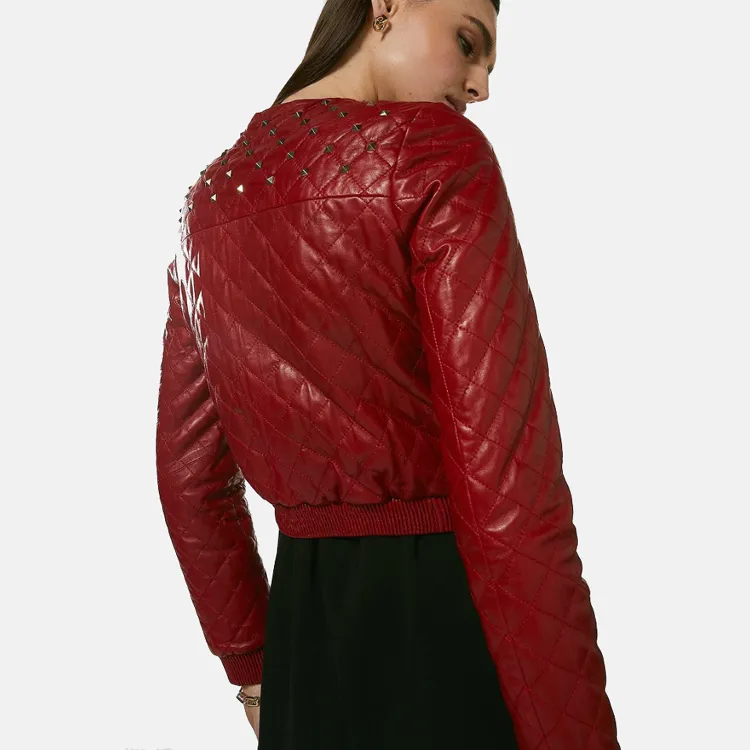 Women’s Wine Red Leather Studded Bomber Jacket