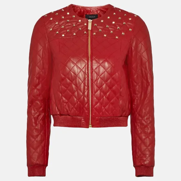 Women’s Wine Red Leather Studded Bomber Jacket