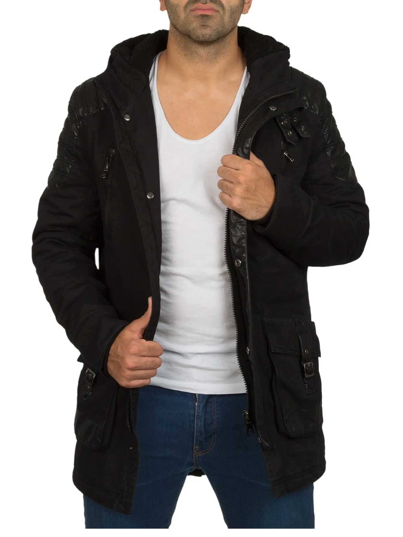 Y&R Men Stylish Mid Length Jacket Faux Leather Coat - Black